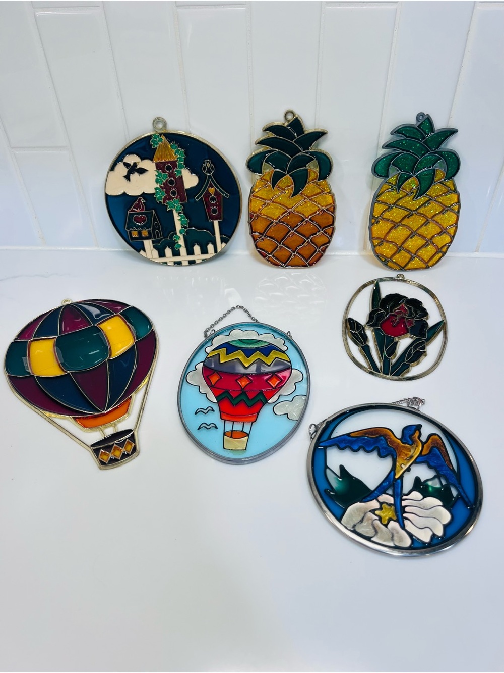Vintage 70s Sun Catchers Pineapples Hot Air Balloons And Birds